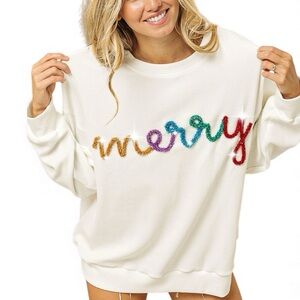 BiBi Merry Tinsel Lettering White Drop Shoulder Sweatshirt